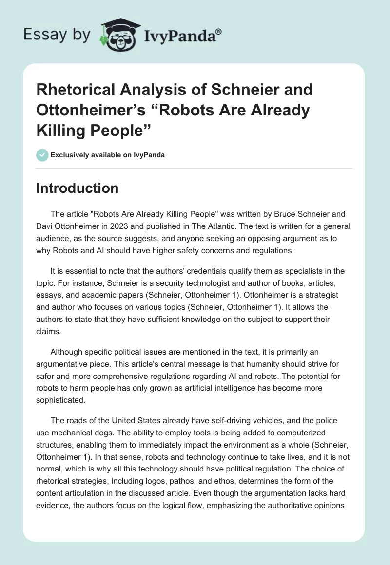 Rhetorical Analysis of Schneier and Ottonheimer’s “Robots Are Already Killing People”. Page 1