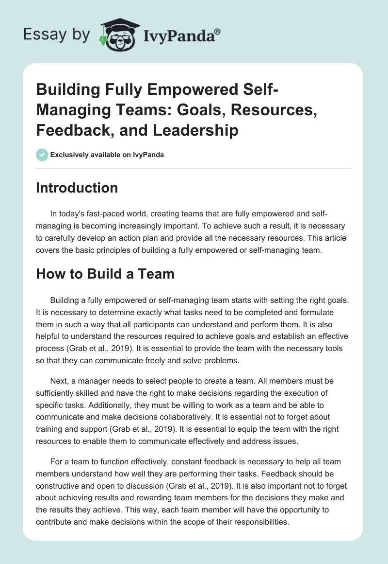 Building Fully Empowered Self-Managing Teams: Goals, Resources, Feedback, and Leadership. Page 1