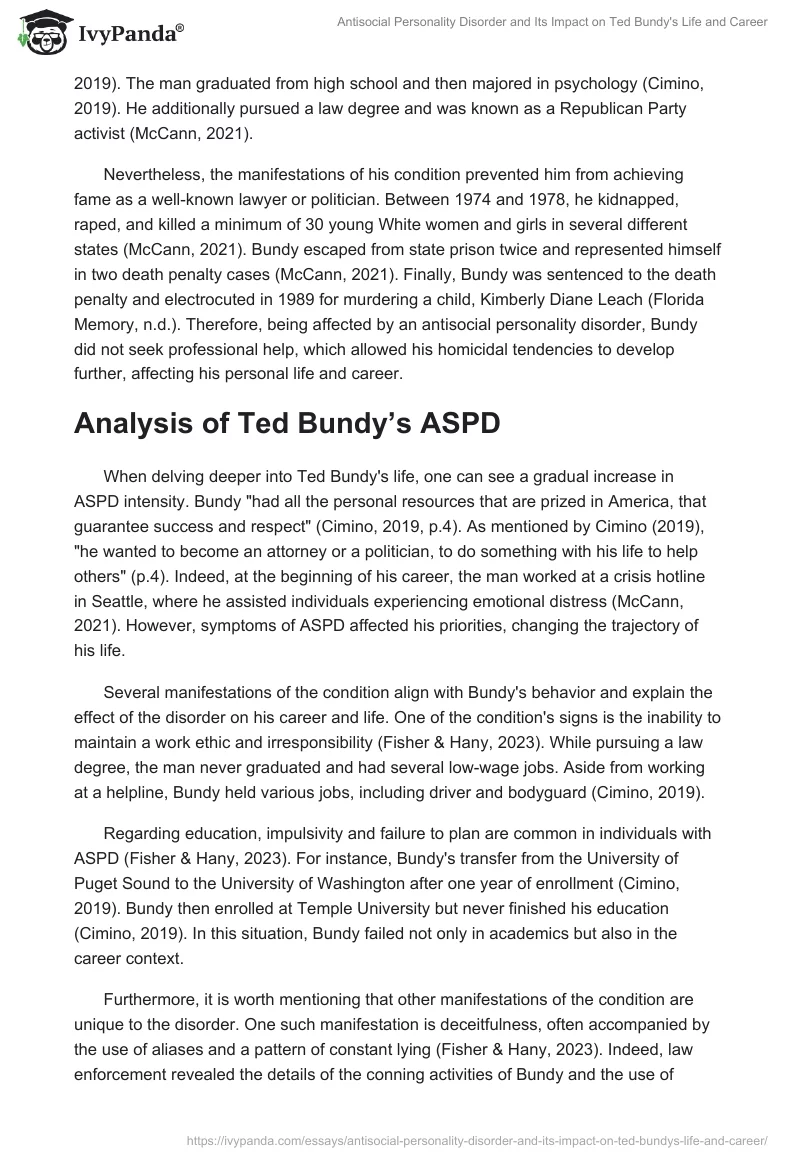 Antisocial Personality Disorder and Its Impact on Ted Bundy's Life and Career. Page 2
