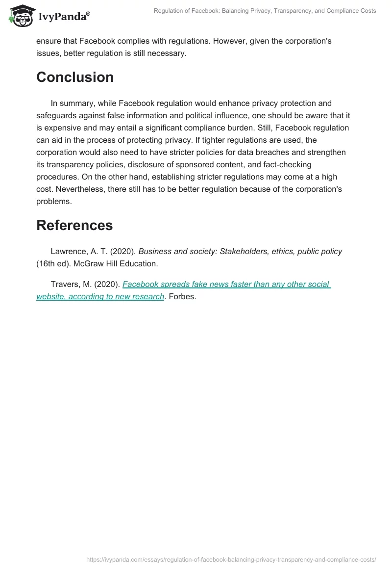 Regulation of Facebook: Balancing Privacy, Transparency, and Compliance Costs. Page 2