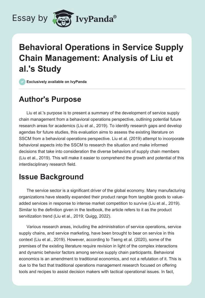 Behavioral Operations in Service Supply Chain Management: Analysis of Liu et al.'s Study. Page 1