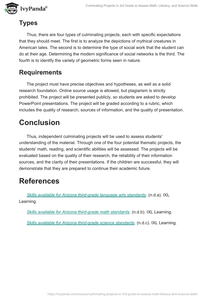 Culminating Projects in 3rd Grade to Assess Math, Literacy, and Science Skills. Page 2