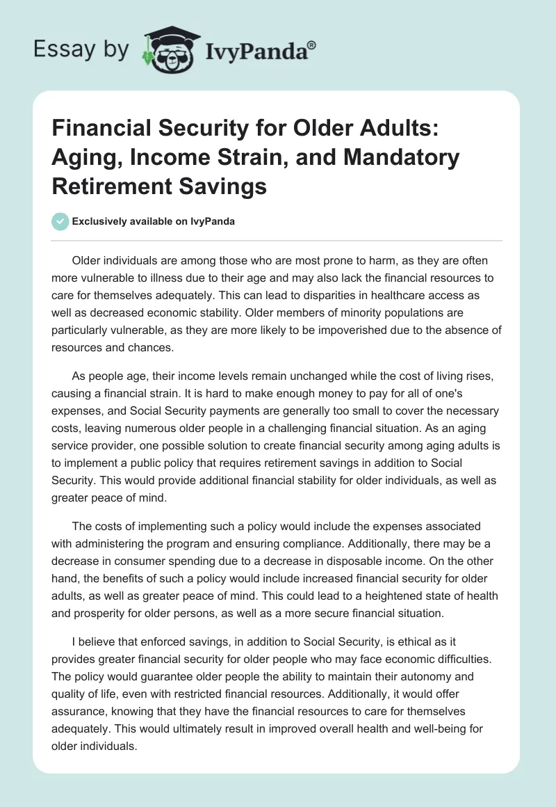 Financial Security for Older Adults: Aging, Income Strain, and Mandatory Retirement Savings. Page 1