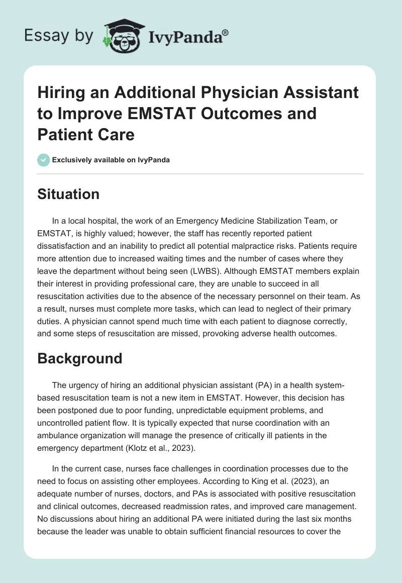 Hiring an Additional Physician Assistant to Improve EMSTAT Outcomes and Patient Care. Page 1