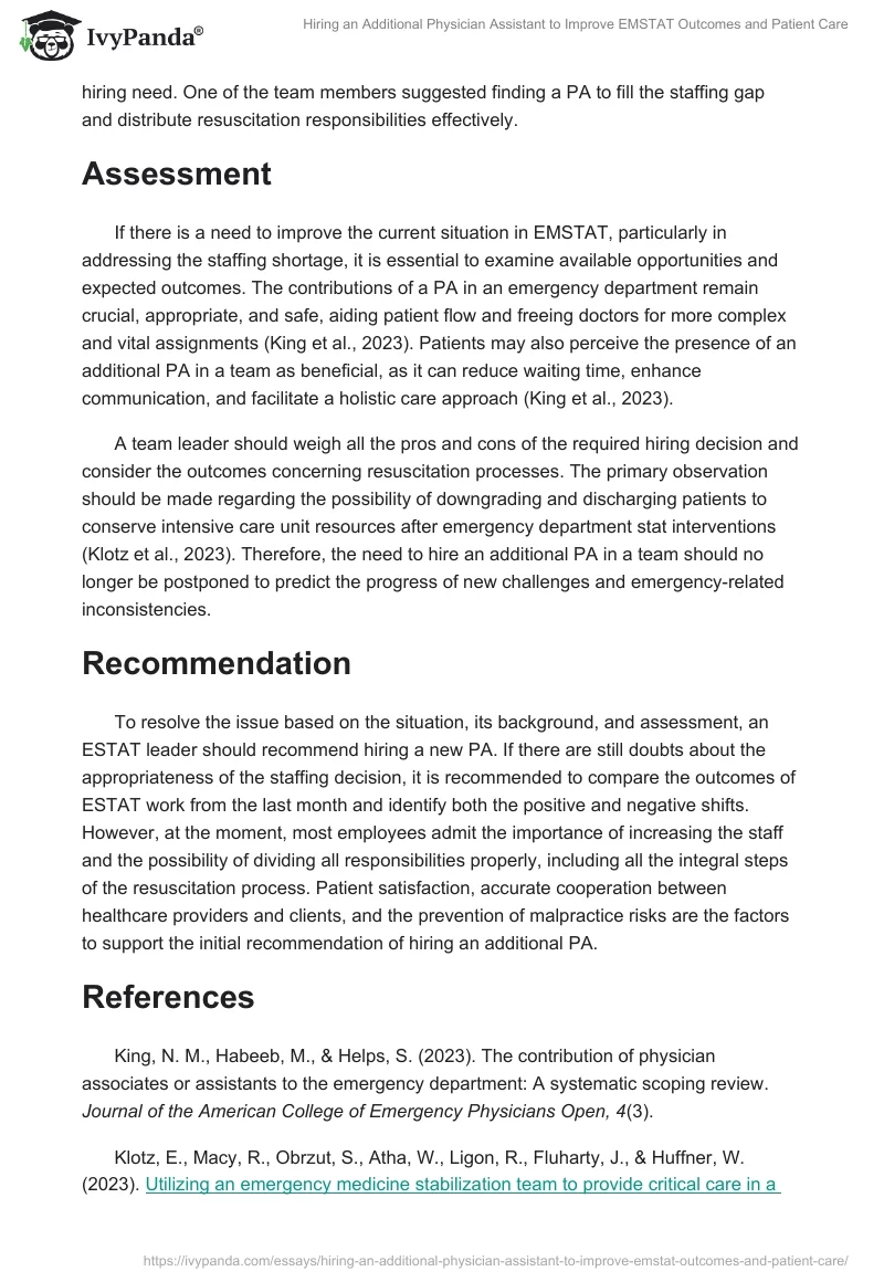 Hiring an Additional Physician Assistant to Improve EMSTAT Outcomes and Patient Care. Page 2