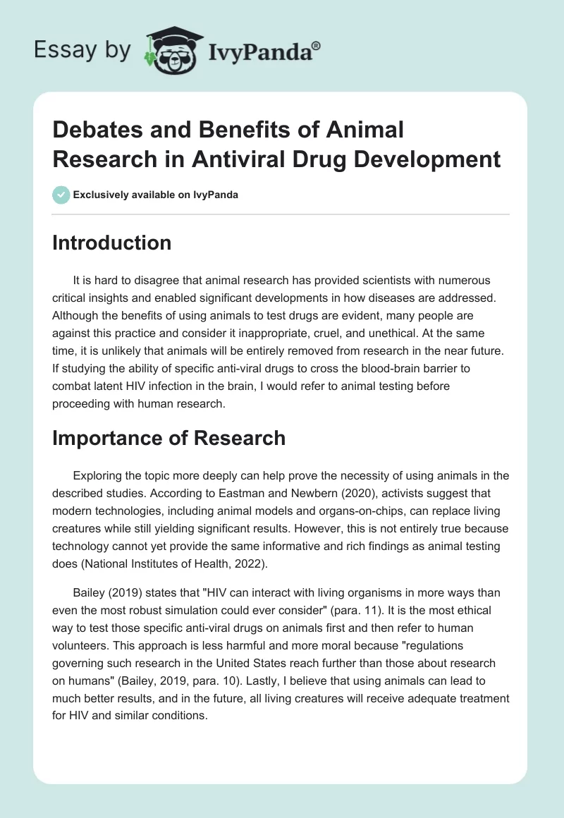 Debates and Benefits of Animal Research in Antiviral Drug Development. Page 1