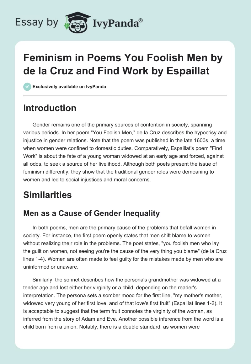 Feminism in Poems "You Foolish Men" by de la Cruz and "Find Work" by Espaillat. Page 1