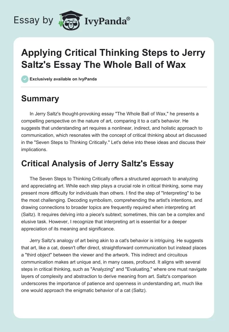 Applying Critical Thinking Steps to Jerry Saltz's Essay "The Whole Ball of Wax". Page 1
