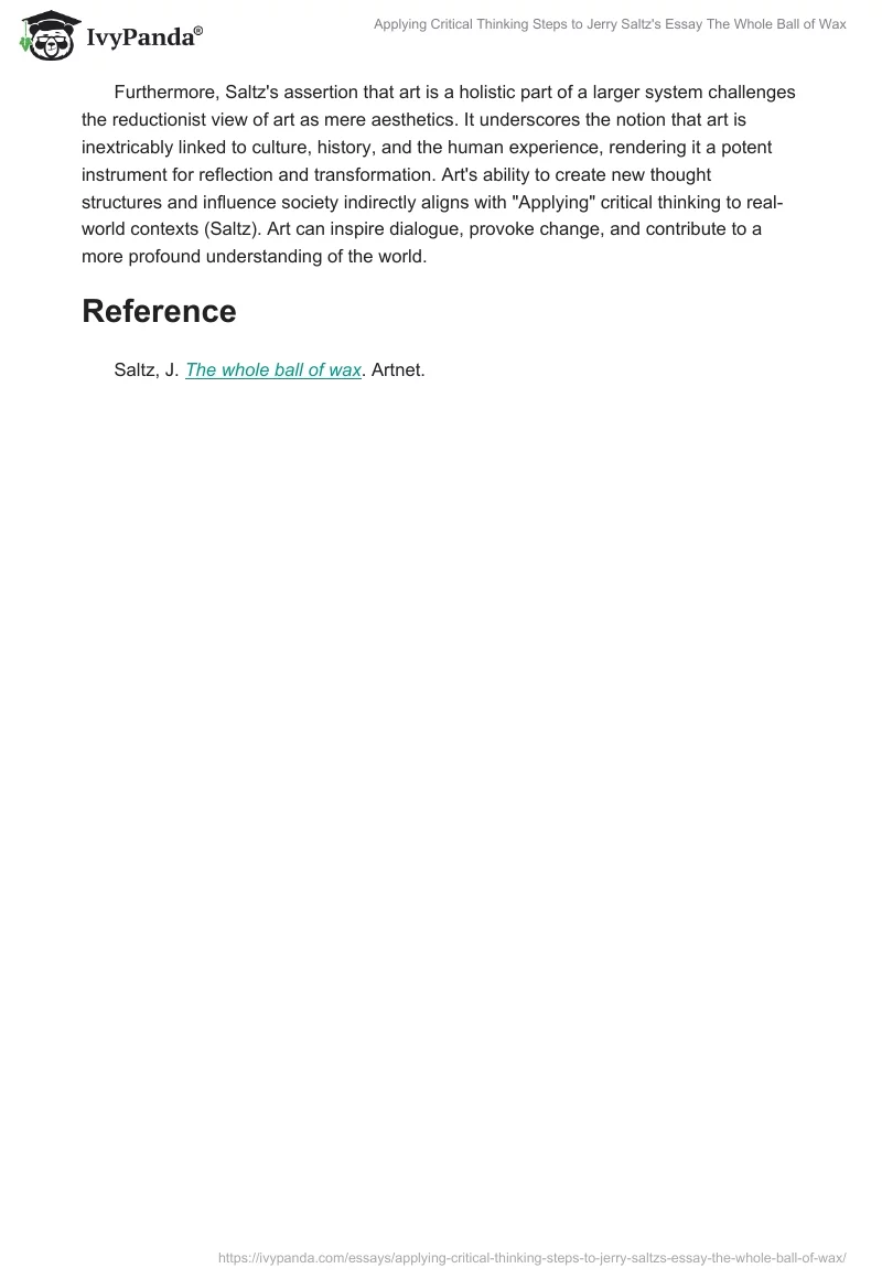 Applying Critical Thinking Steps to Jerry Saltz's Essay "The Whole Ball of Wax". Page 2