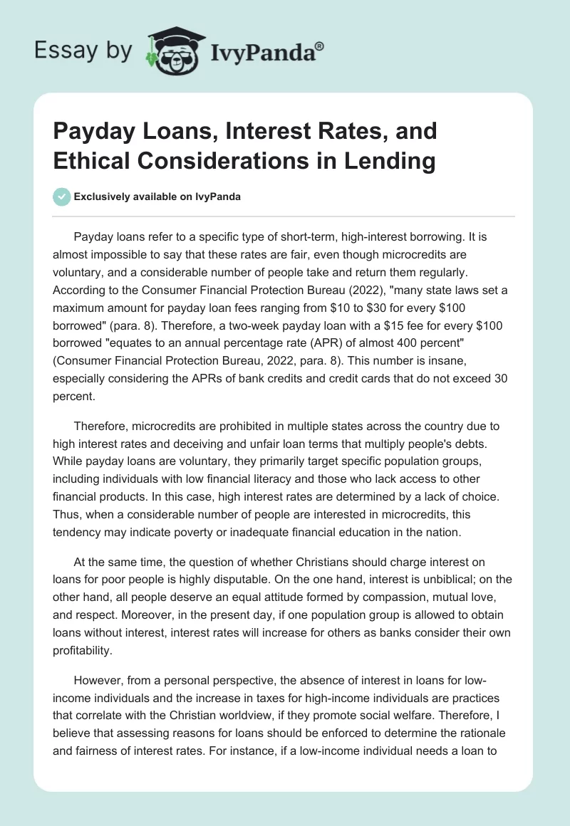 Payday Loans, Interest Rates, and Ethical Considerations in Lending. Page 1
