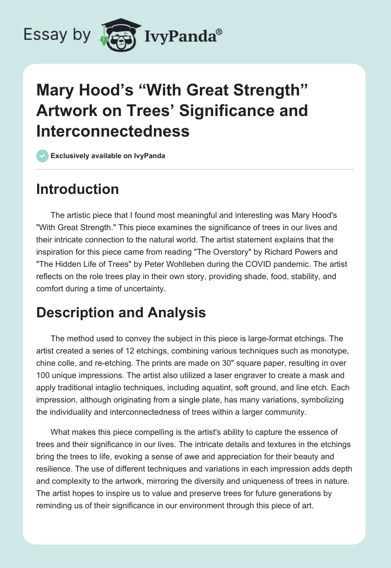 Mary Hood’s “With Great Strength” Artwork on Trees’ Significance and Interconnectedness. Page 1