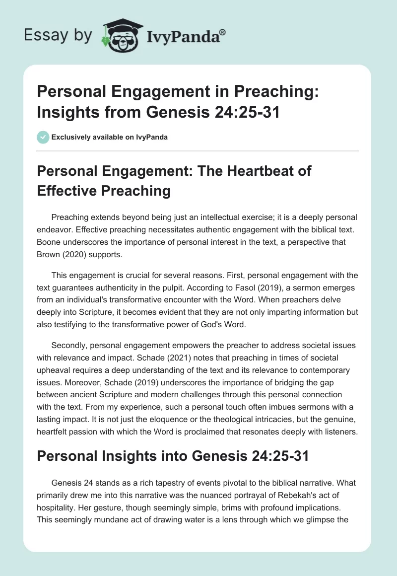 Personal Engagement in Preaching: Insights from Genesis 24:25-31. Page 1