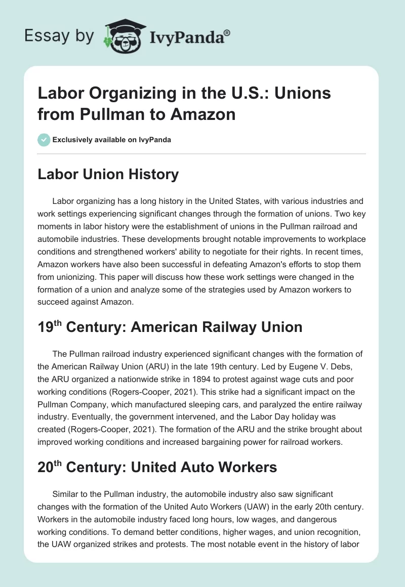 Labor Organizing in the U.S.: Unions from Pullman to Amazon. Page 1