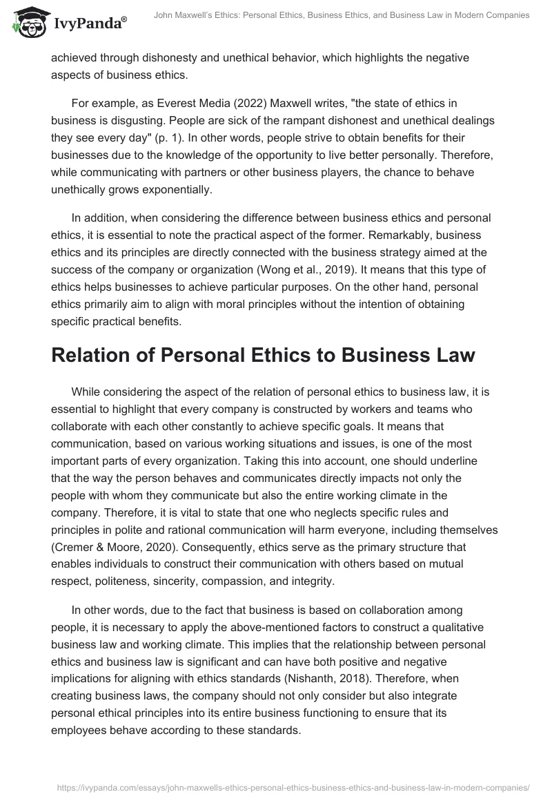 John Maxwell’s Ethics: Personal Ethics, Business Ethics, and Business Law in Modern Companies. Page 2