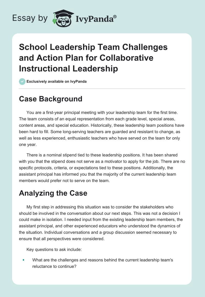 School Leadership Team Challenges and Action Plan for Collaborative Instructional Leadership. Page 1