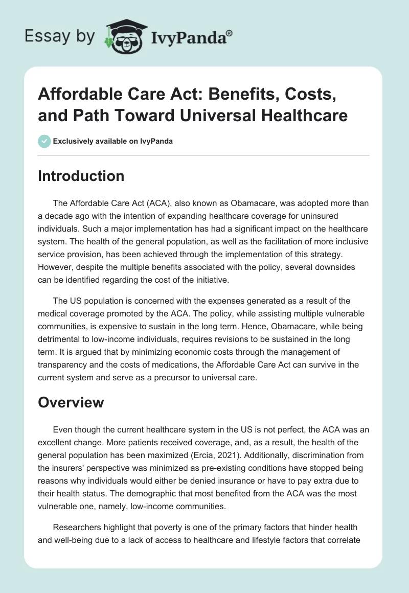 Affordable Care Act: Benefits, Costs, and Path Toward Universal Healthcare. Page 1