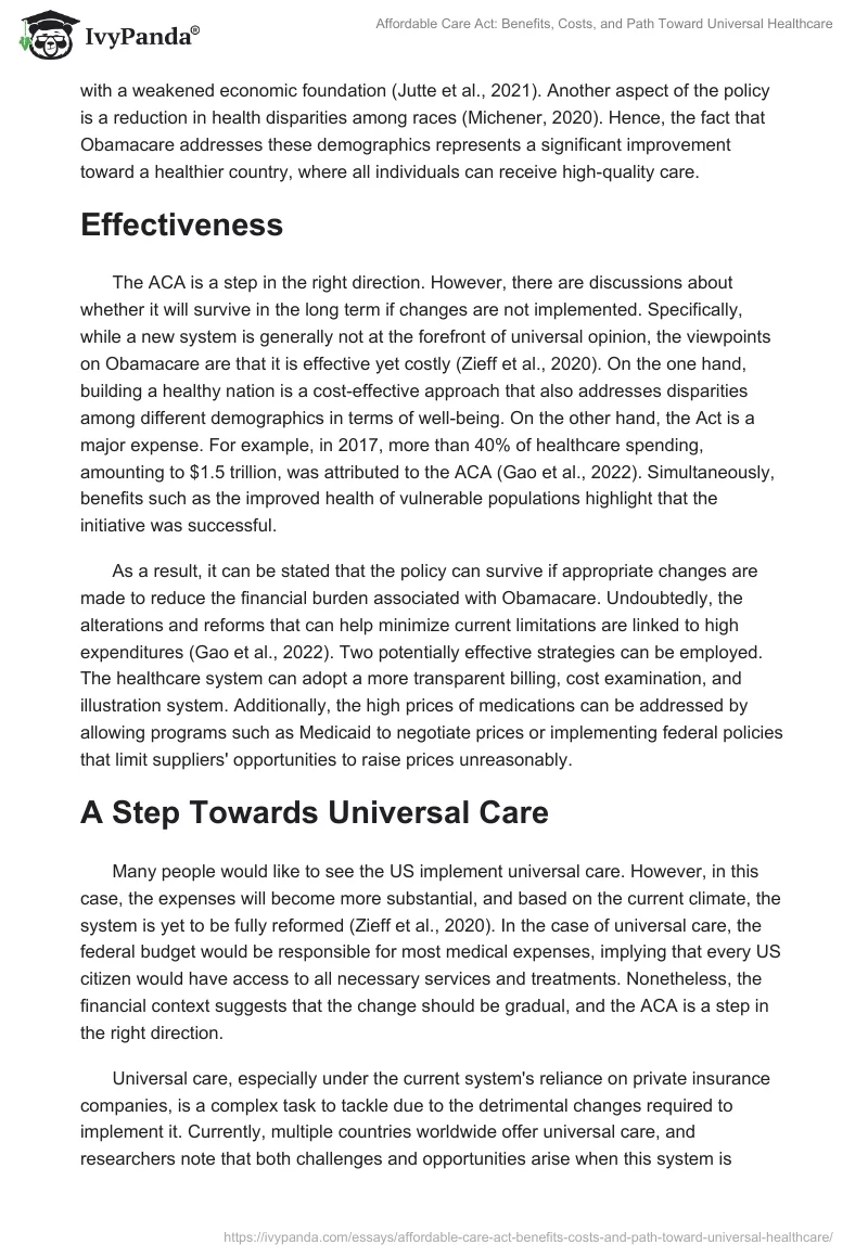 Affordable Care Act: Benefits, Costs, and Path Toward Universal Healthcare. Page 2