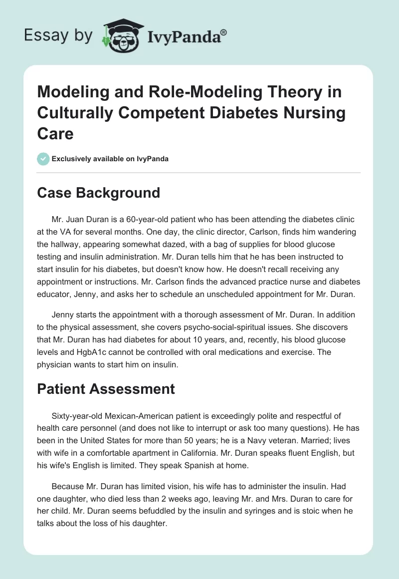 Modeling and Role-Modeling Theory in Culturally Competent Diabetes Nursing Care. Page 1