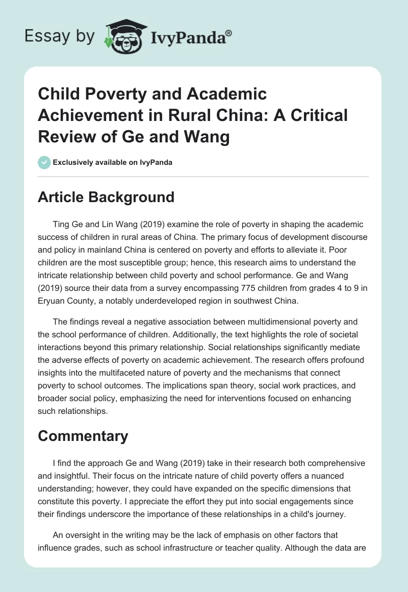 Child Poverty and Academic Achievement in Rural China: A Critical Review of Ge and Wang. Page 1