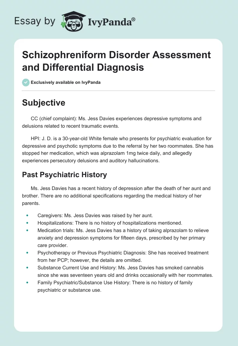 Schizophreniform Disorder Assessment and Differential Diagnosis. Page 1
