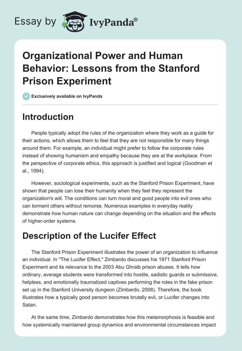 Organizational Power and Human Behavior: Lessons from the Stanford Prison Experiment. Page 1