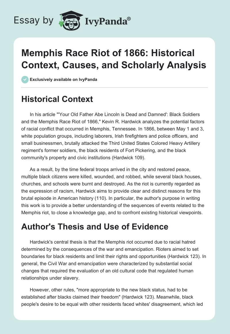 Memphis Race Riot of 1866: Historical Context, Causes, and Scholarly Analysis. Page 1