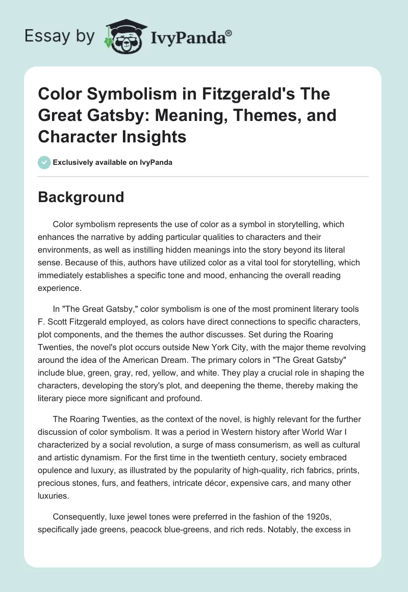 Color Symbolism in Fitzgerald's "The Great Gatsby": Meaning, Themes, and Character Insights. Page 1