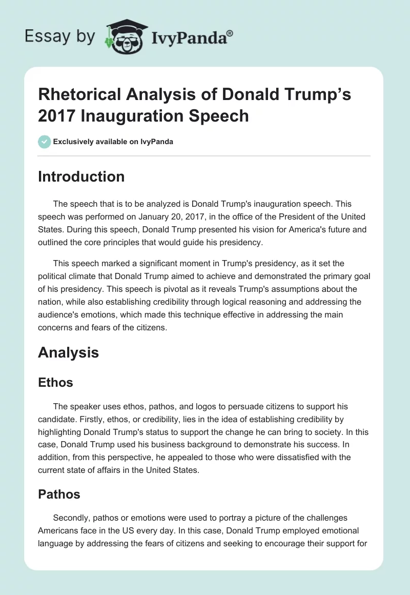 Rhetorical Analysis of Donald Trump’s 2017 Inauguration Speech. Page 1