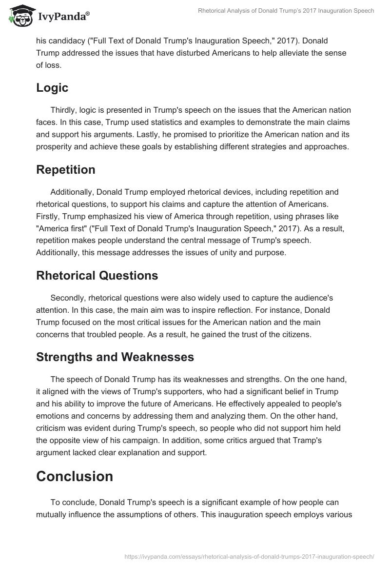 Rhetorical Analysis of Donald Trump’s 2017 Inauguration Speech. Page 2