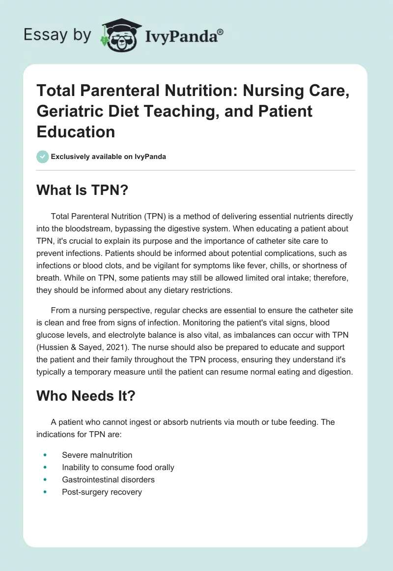 Total Parenteral Nutrition: Nursing Care, Geriatric Diet Teaching, and Patient Education. Page 1