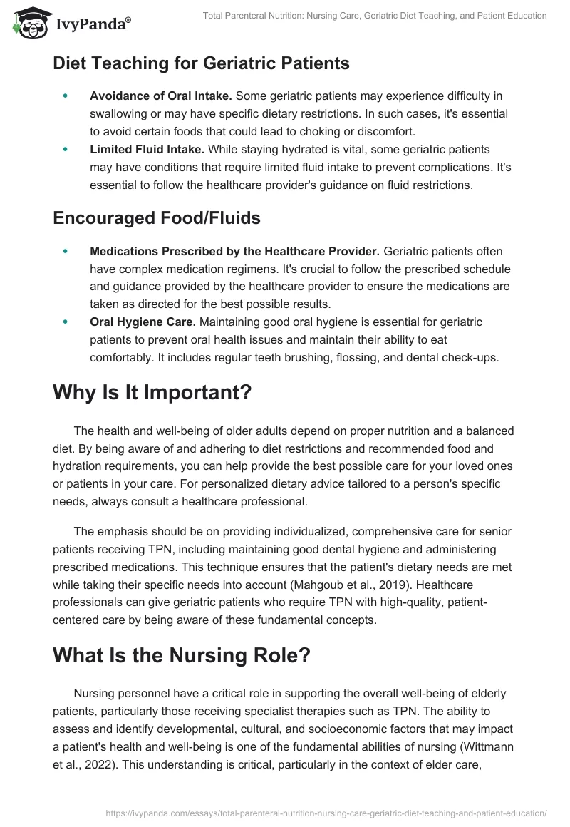 Total Parenteral Nutrition: Nursing Care, Geriatric Diet Teaching, and Patient Education. Page 2