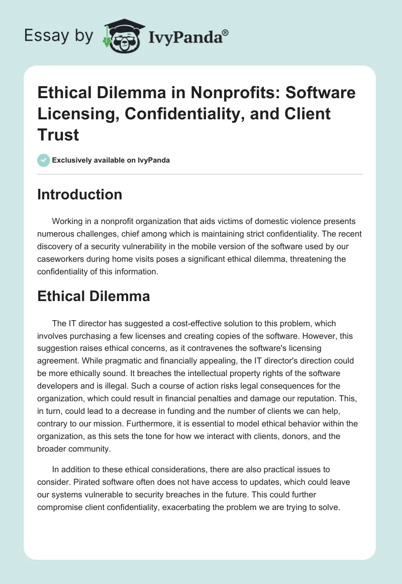 Ethical Dilemma in Nonprofits: Software Licensing, Confidentiality, and Client Trust. Page 1