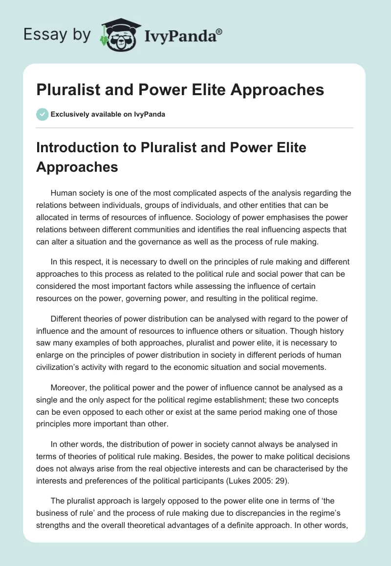 Pluralist and Power Elite Approaches. Page 1