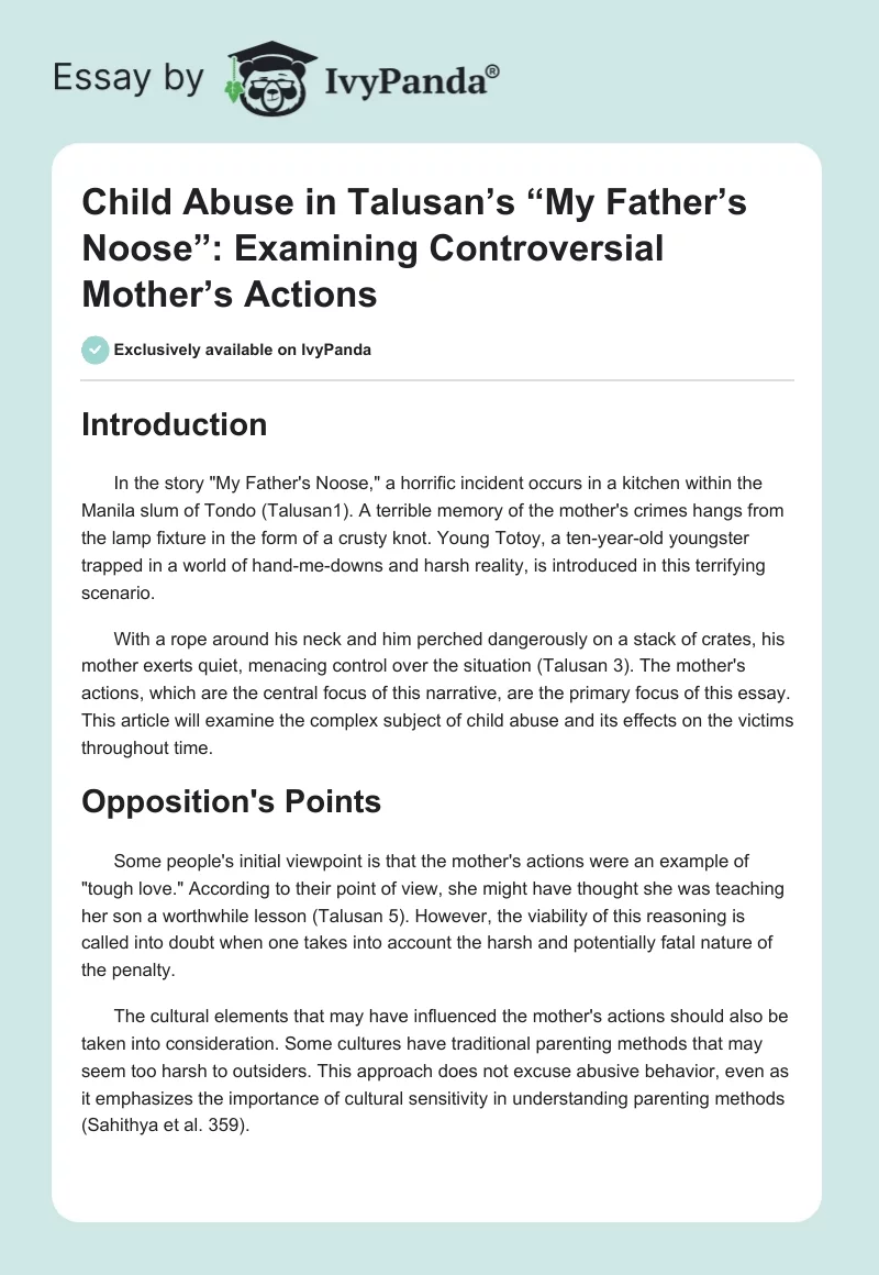 Child Abuse in Talusan’s “My Father’s Noose”: Examining Controversial Mother’s Actions. Page 1