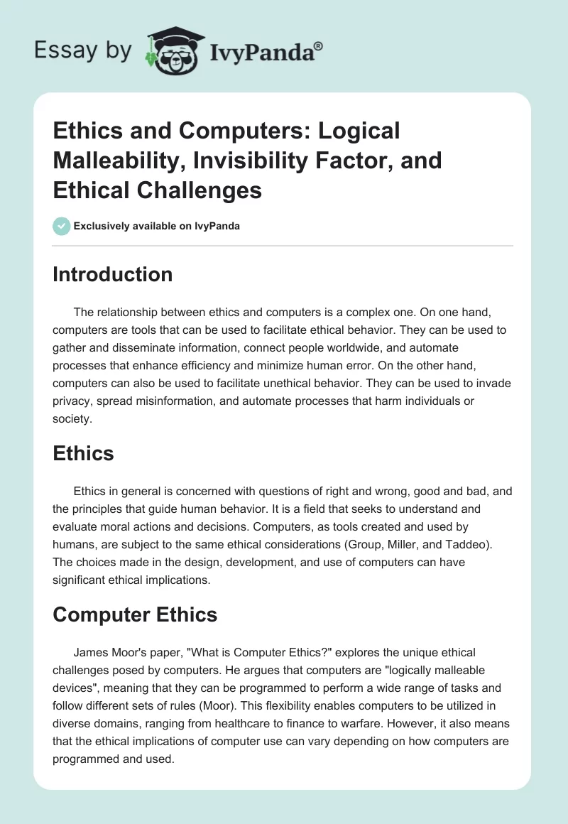 Ethics and Computers: Logical Malleability, Invisibility Factor, and Ethical Challenges. Page 1