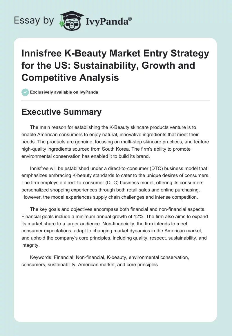 Innisfree K-Beauty Market Entry Strategy for the US: Sustainability, Growth and Competitive Analysis. Page 1
