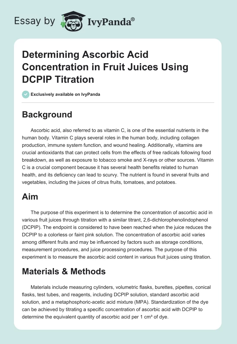 Determining Ascorbic Acid Concentration in Fruit Juices Using DCPIP Titration. Page 1