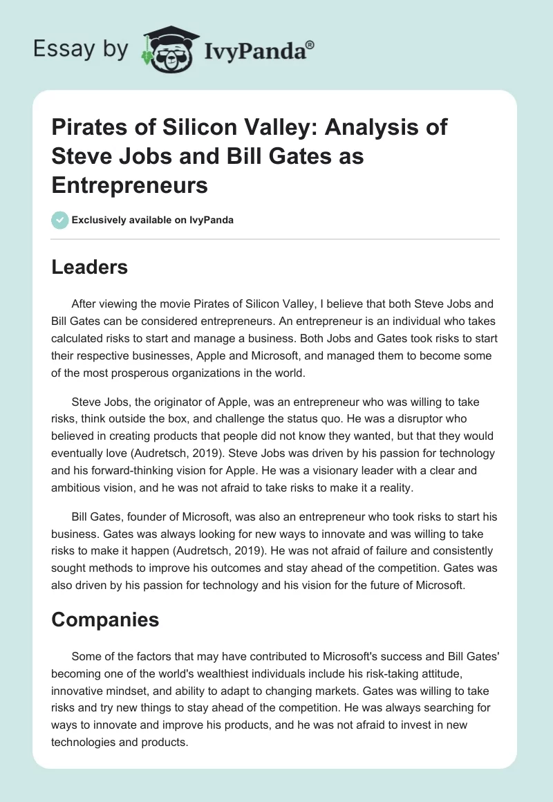 Pirates of Silicon Valley: Analysis of Steve Jobs and Bill Gates as Entrepreneurs. Page 1