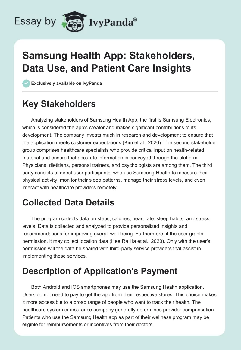 Samsung Health App: Stakeholders, Data Use, and Patient Care Insights. Page 1