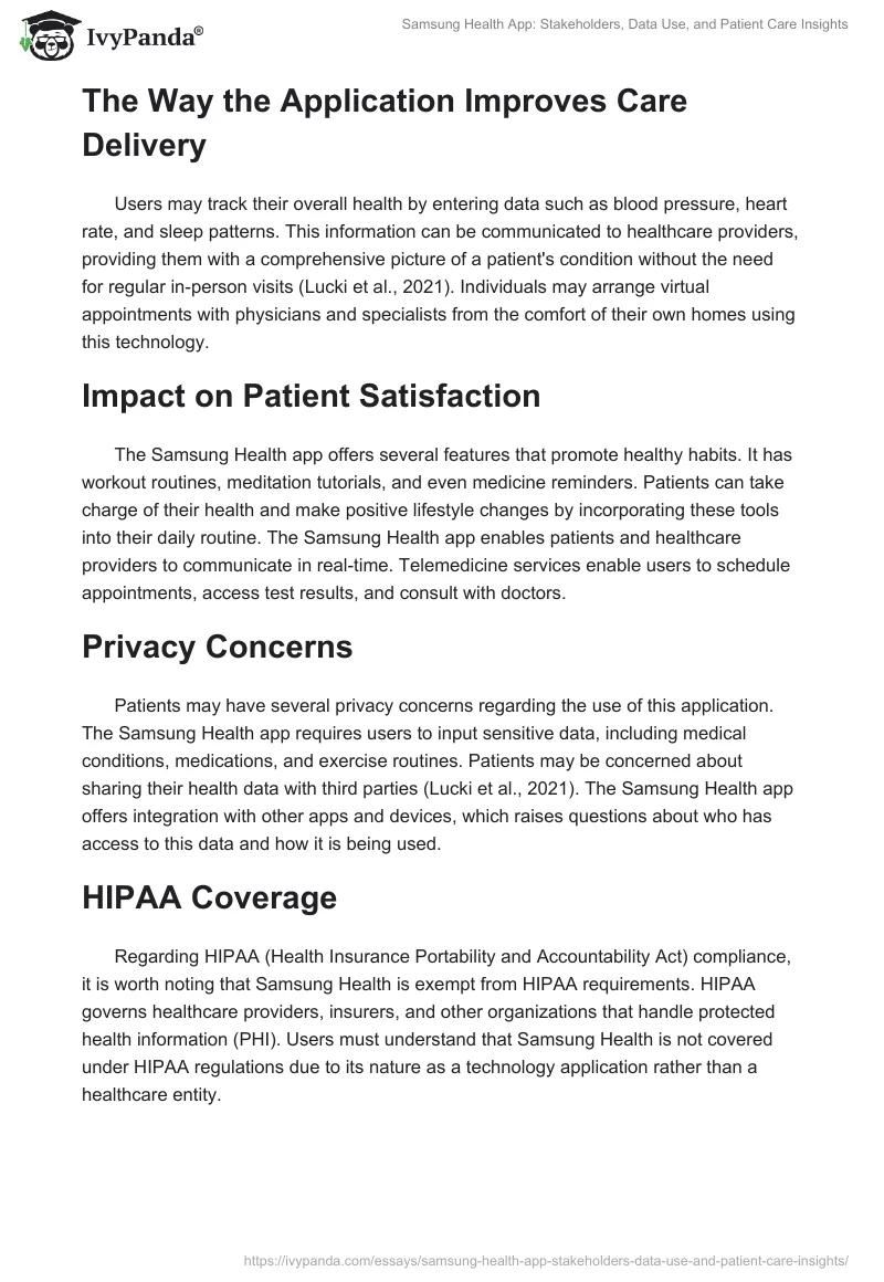 Samsung Health App: Stakeholders, Data Use, and Patient Care Insights. Page 2