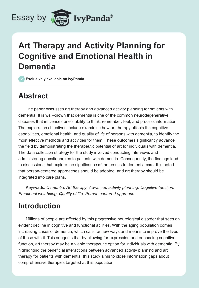 Art Therapy and Activity Planning for Cognitive and Emotional Health in Dementia. Page 1