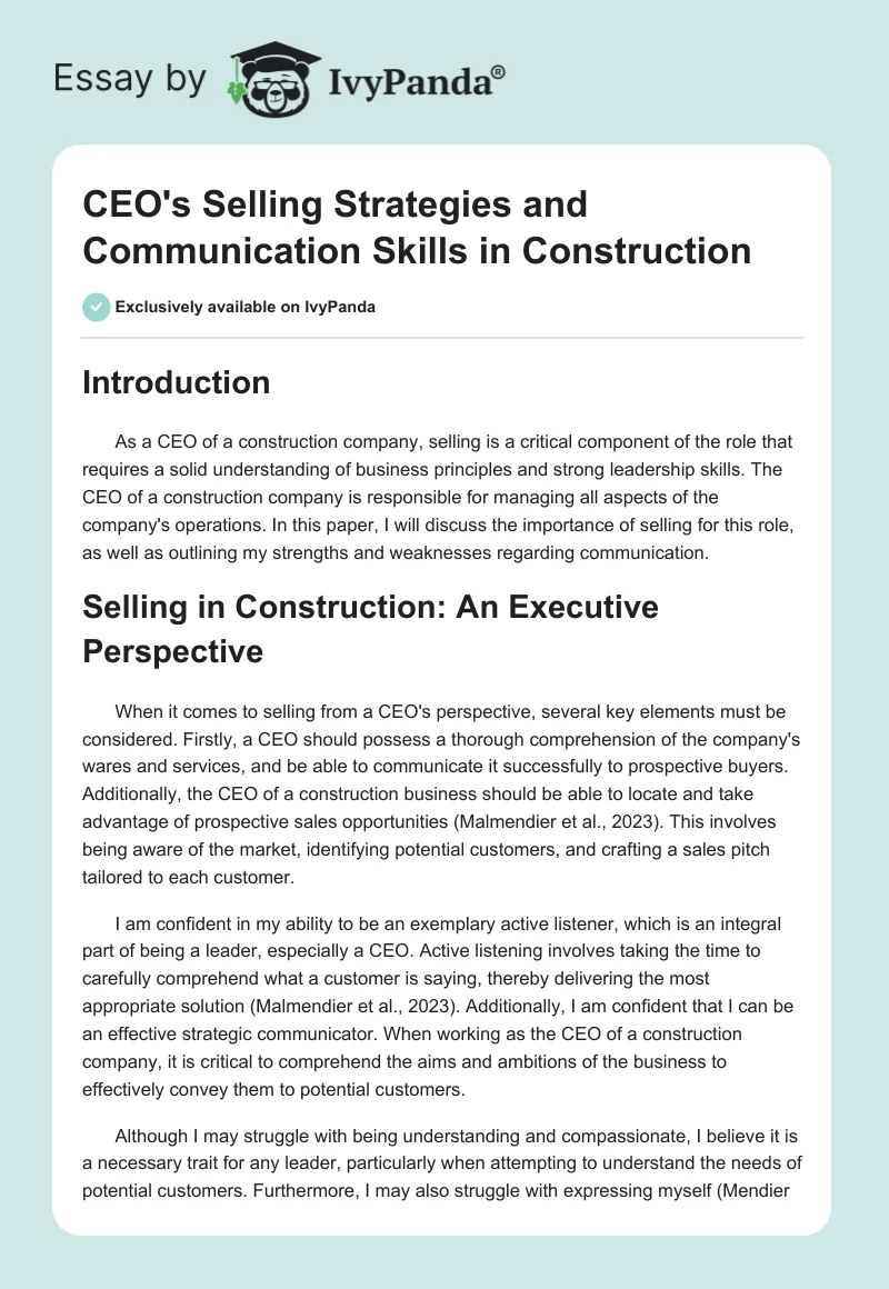 CEO's Selling Strategies and Communication Skills in Construction. Page 1