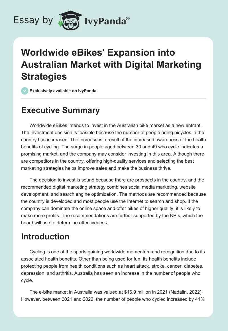Worldwide eBikes' Expansion into Australian Market with Digital Marketing Strategies. Page 1