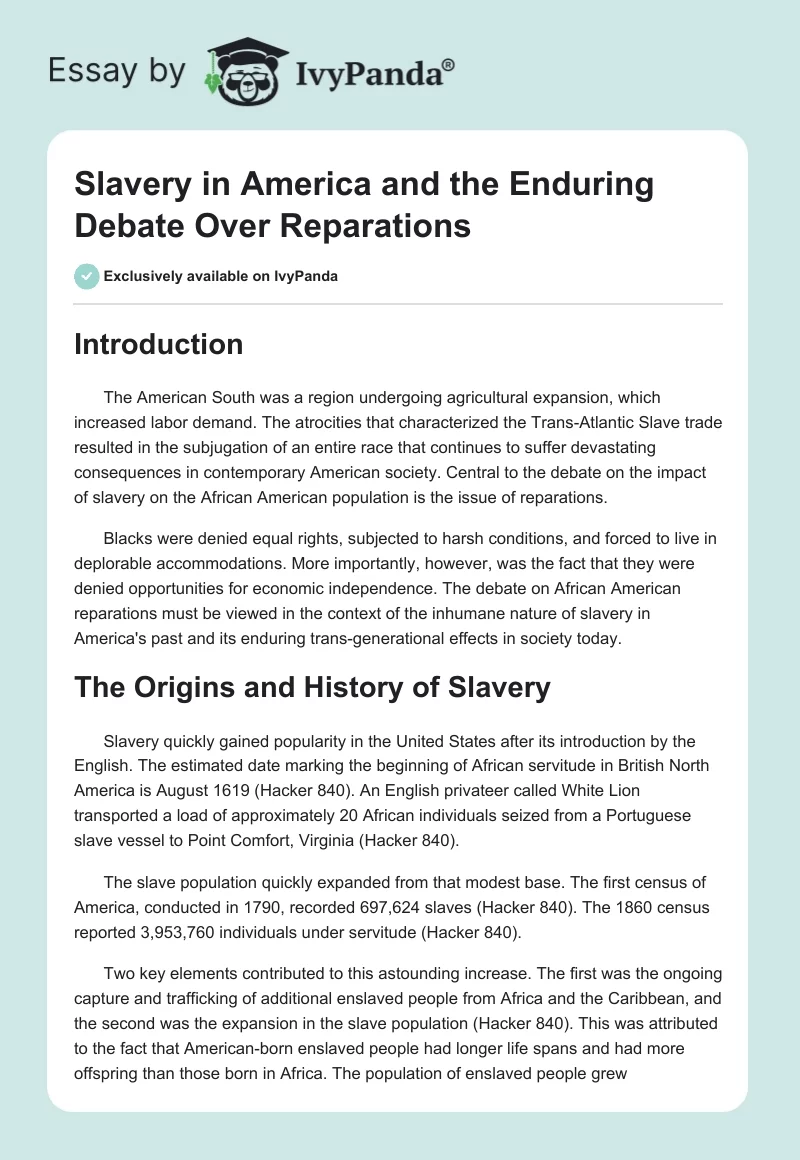 Slavery in America and the Enduring Debate Over Reparations. Page 1