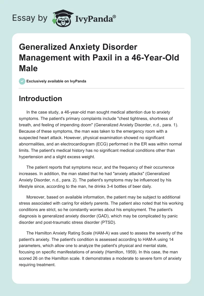 Generalized Anxiety Disorder Management with Paxil in a 46-Year-Old Male. Page 1