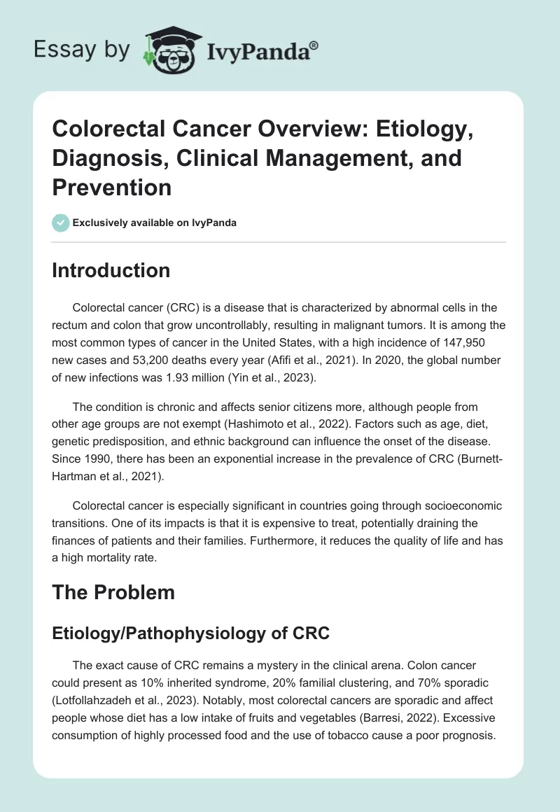 Colorectal Cancer Overview: Etiology, Diagnosis, Clinical Management, and Prevention. Page 1