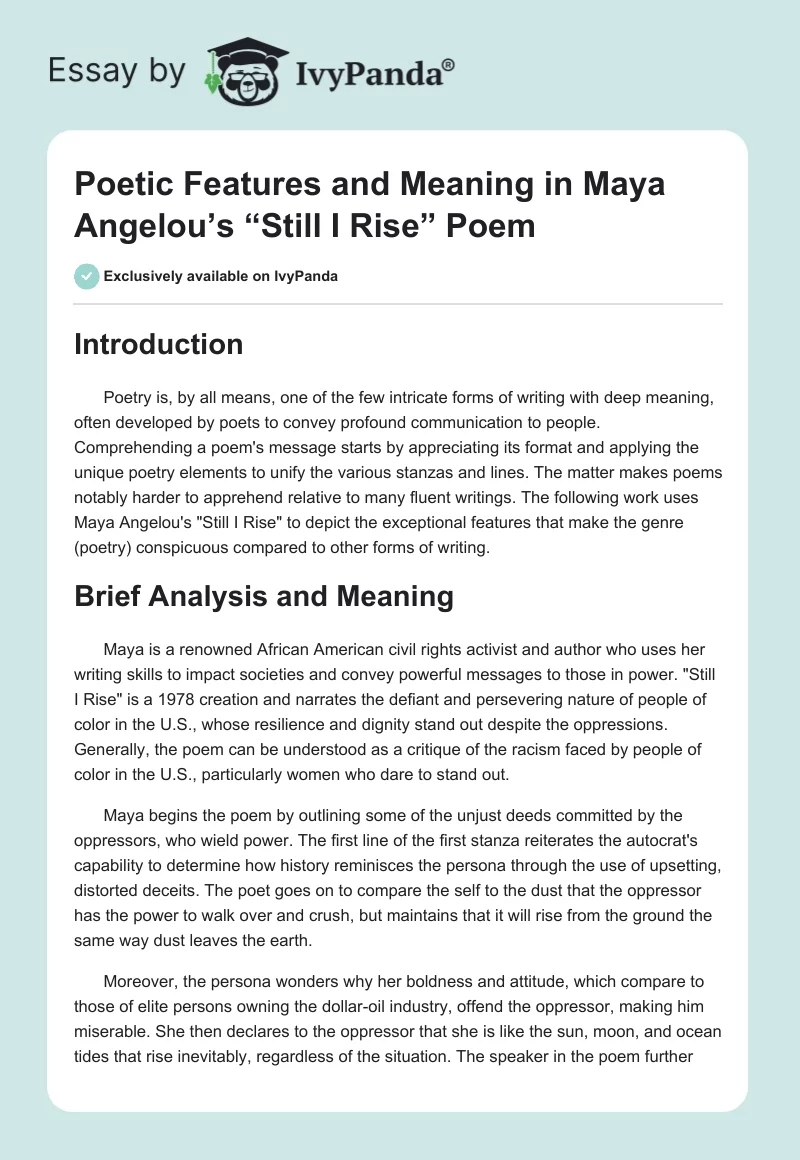 Poetic Features and Meaning in Maya Angelou’s “Still I Rise” Poem. Page 1