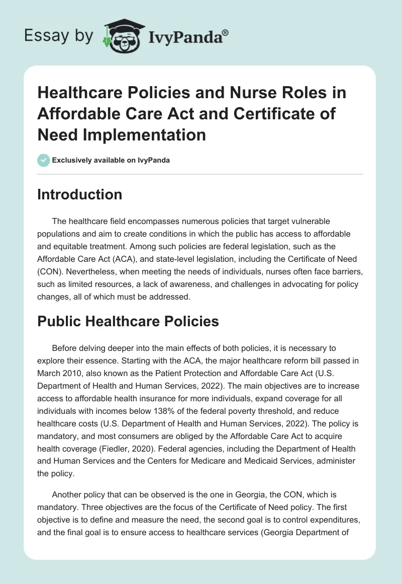 Healthcare Policies and Nurse Roles in Affordable Care Act and Certificate of Need Implementation. Page 1