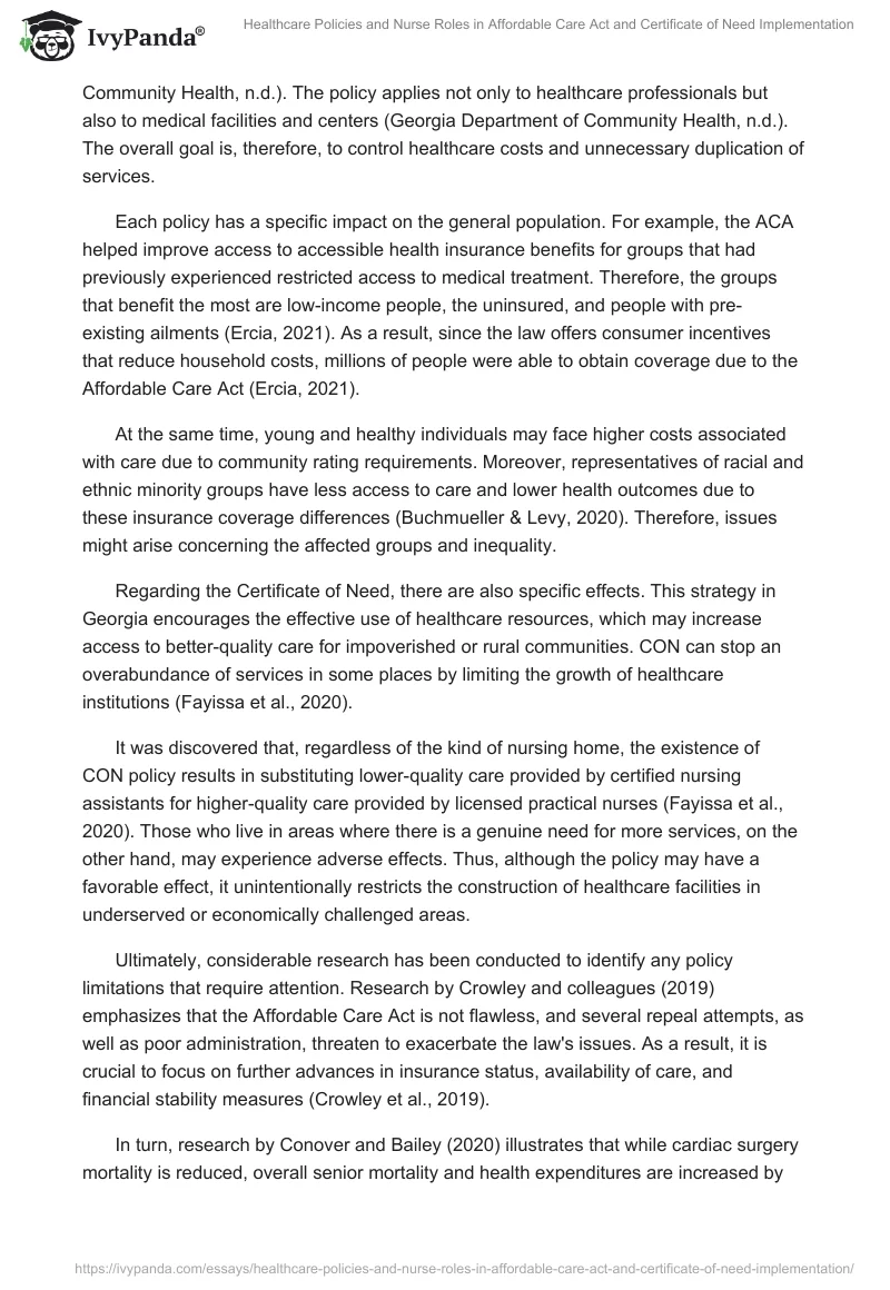 Healthcare Policies and Nurse Roles in Affordable Care Act and Certificate of Need Implementation. Page 2