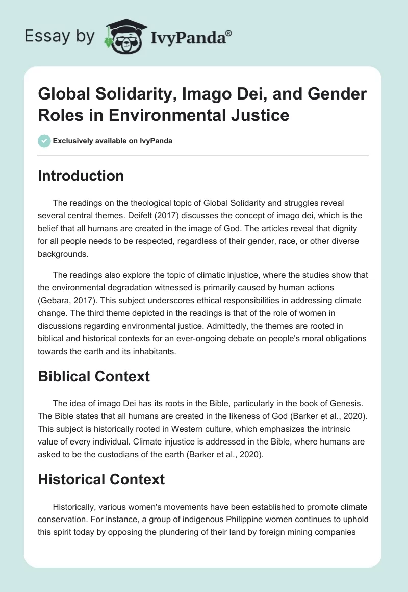 Global Solidarity, Imago Dei, and Gender Roles in Environmental Justice. Page 1